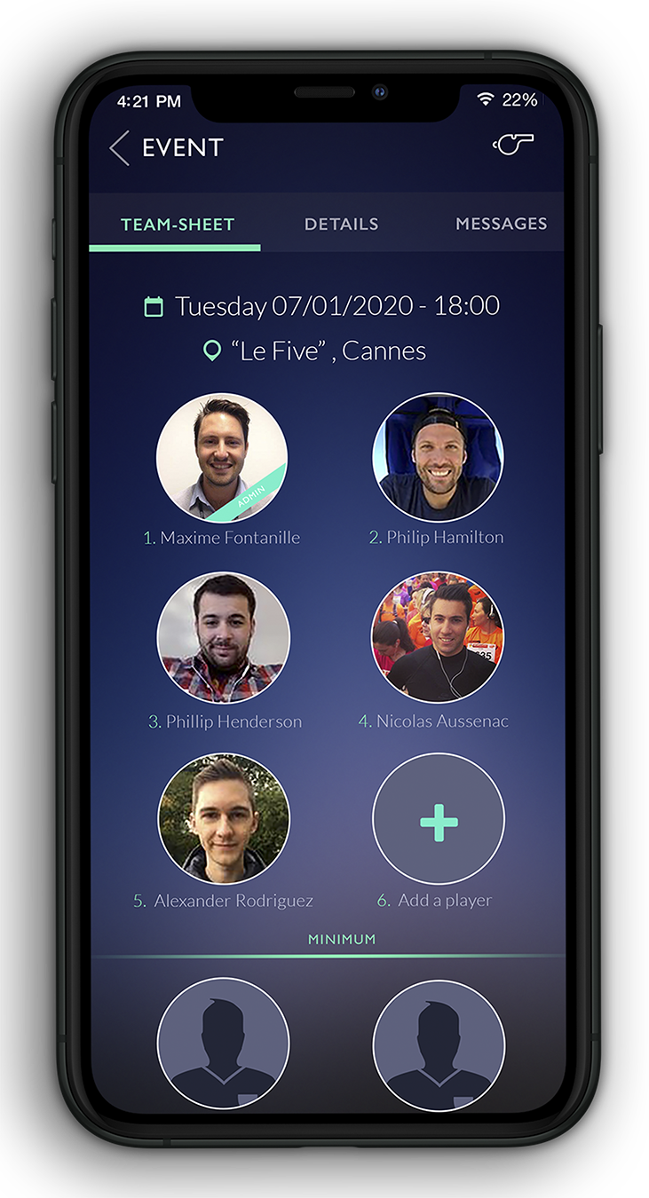 App screen - Organise your games and invite your crew